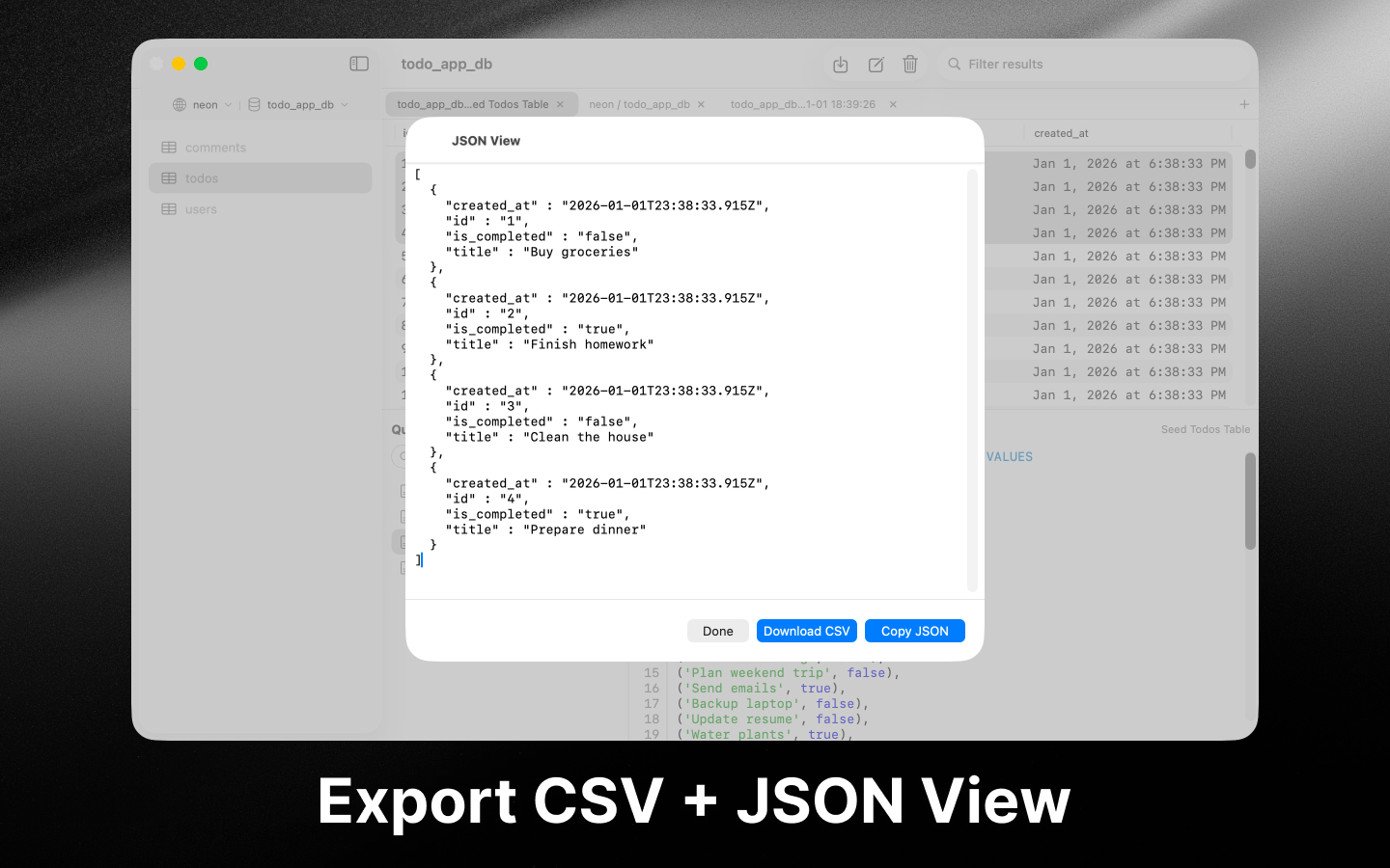 Query results with export to CSV option