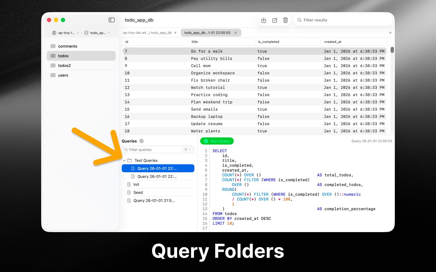 Saved queries organized in folders